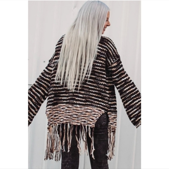 Bohemian Neutral Chunky Knit Festival Hippie Vibes Fringe Cardigan By POL Sz M - Picture 16 of 16